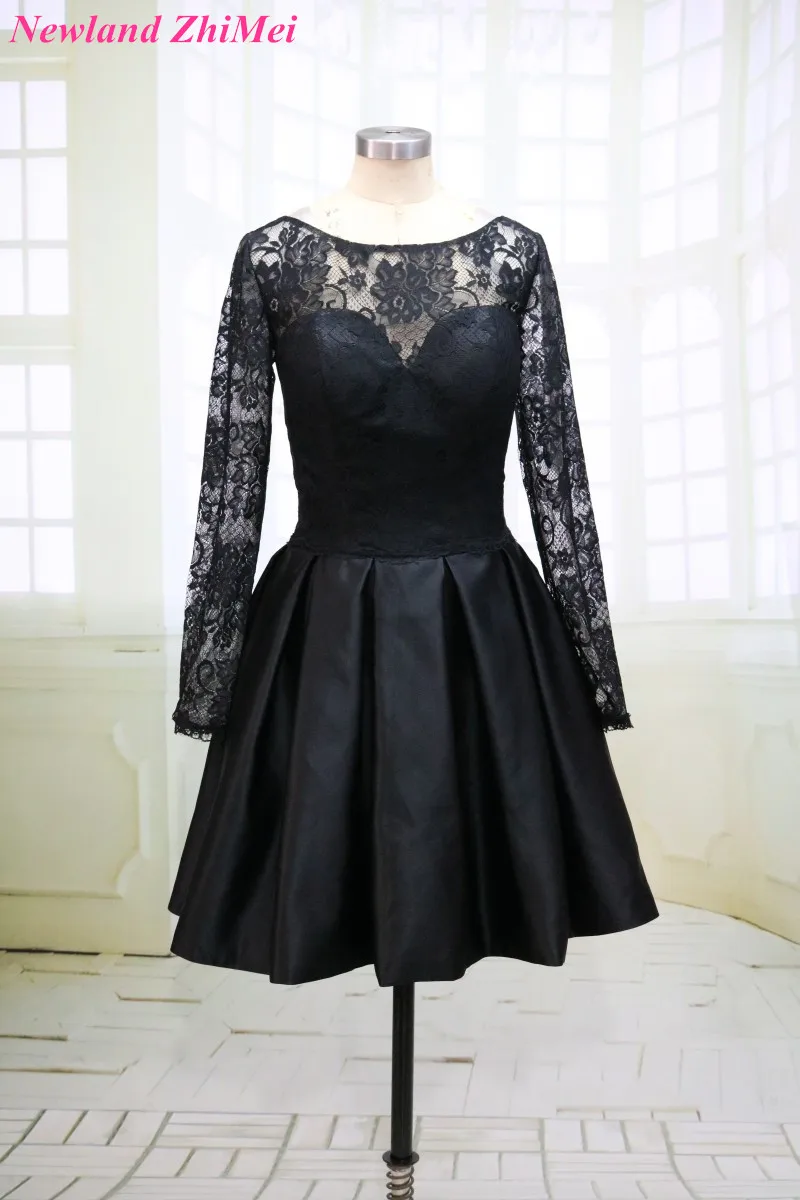 Cheap Short Black Cocktail Dress With Long Lace Sleeves Sexy O Neck V