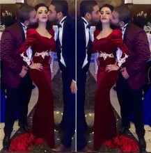 2017 Dubai Arabisch Günstige Abendkleid Rot Velevet Abendkleider Saudi-arabien Abendkleid Mit Langen Ärmeln Lange Abschlussball-partei-kleid