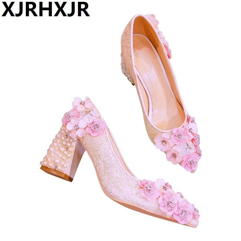 

Handmade Flower Sequins Women Wedding Shoes Pearls Beaded High Heels Bridal Dress Shoes Woman 2019 Fashion Glitter Pumps Pink