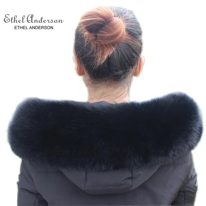

ETHEL ANDERSON Real Fox Fur Collar Wraps Fluffy For Outwear Jean Coat's Hood Simple Scarf Plush Black Warm Fur Collar