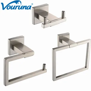 

VOURUNA Sus304 Stainless Steel Wall Mount Brushed 3 Piece Bathroom Hardware Sets Robe Hook Toipet Paper Holder Towel Rack