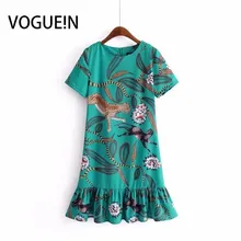 VOGUEIN новые женские короткий рукав воланами подол зеленый цветочный животный принт мини платье