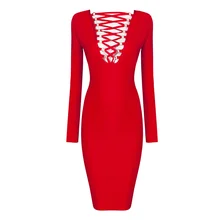 Free Shipping New 2016 Fashion Women Lace up Long Sleeve Red Bandage Dress Winter