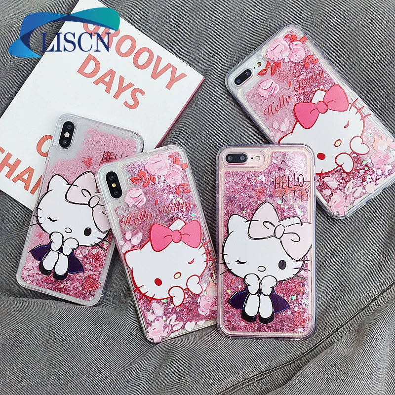 

LISCN Cartoon Dynamic Liquid Glitter Cute Hello Kitty Phone Case for iPhone 6 6S 7 8 6P 7P 8P X XR Xs Max Soft iphone case