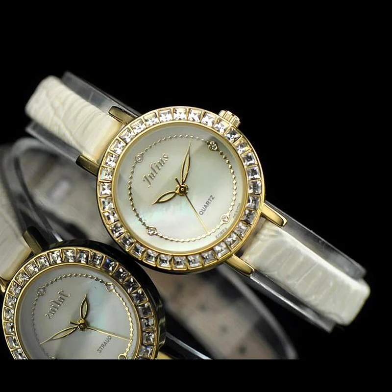 

Ladies Wrist Watch Quartz Hours Best Fashion Dress Korea Bracelet Brand Patent Leather Clock CZ Round JA555