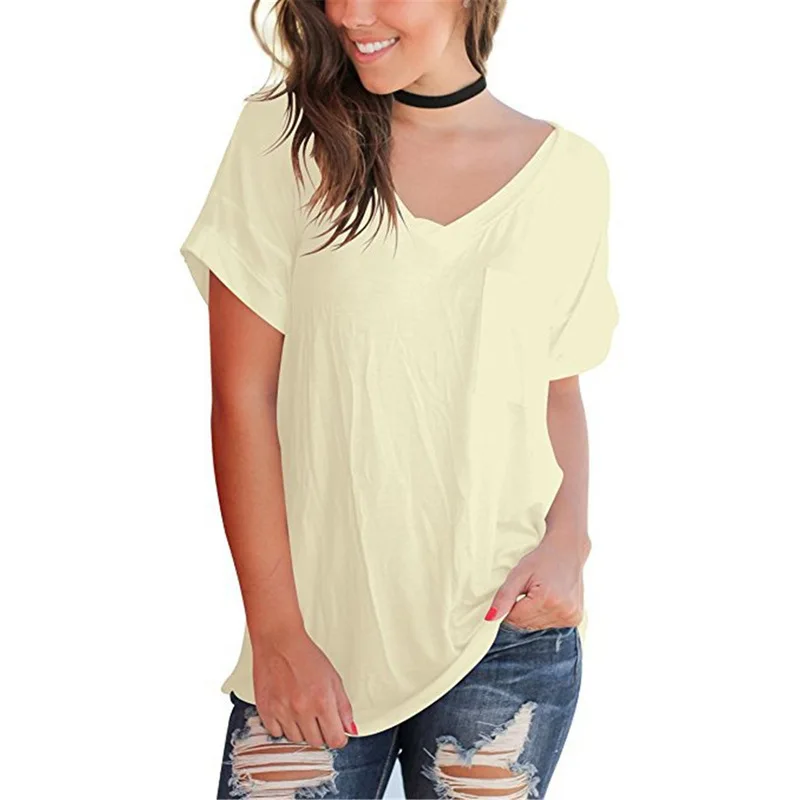 Модальная Летняя женская футболка с v-образным воротником и карманом, однотонная повседневная женская футболка с короткими рукавами, большие модные топы для - Цвет: Цвет: желтый