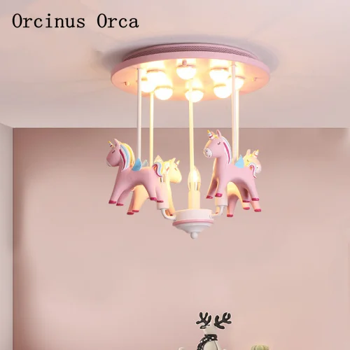 

Pink horse ceiling lamp Princess Room Girl's Bedroom Children's Room Lights American Cartoon LED Pink Animal Chandelier