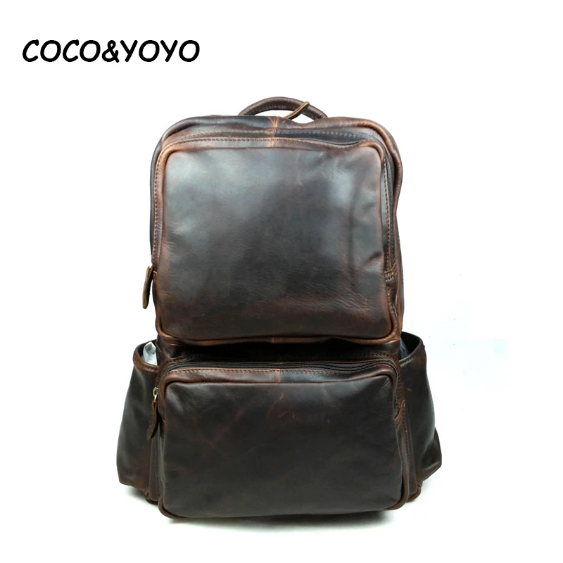 Hot sale 100% genuine leather men backpack fashion school bags for teenagers vintage brown luggage shoulder bags mochila escolar