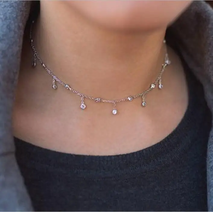 

925 sterling silver drip cz multilayer choker necklace for women drop shipping cz station gold color delicate short necklace
