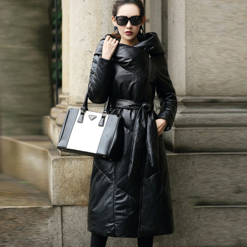 

4XL Genunie Leather Duck Down Jackets Winter 2018 Hooded Skeepskin Leather Coat Long Parkas Slim Female Overcoat Snow Wear qx406