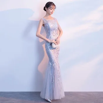 

Gray Lady Party Sleeveless Dress Women's O-Neck Cheongsam Elegant Long Qipao Sexy Slim Wedding Gowns Vestidos XS-XXL