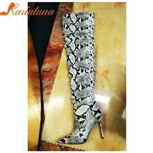 KARINLUNA/туфли-лодочки с голенищем «гармошкой», высокие сапоги до бедра, с узором под змеиную кожу ботфорты выше колена; женские пикантные туфли на очень высоком тонкий каблук плиссированные острый носок женская обувь