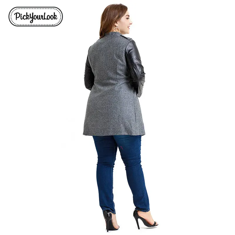 Pickyourlook, женские пальто и куртки размера плюс, модные, из искусственной кожи, с рукавом, на молнии, Женское пальто, большая пуговица, Дамская верхняя одежда 40