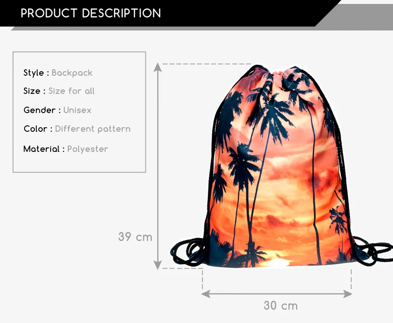 Мода escolar рюкзак 3D печать сумки softback Мужские Женские mochila feminina Пальма на фоне заката сумка на шнурке мужские рюкзаки