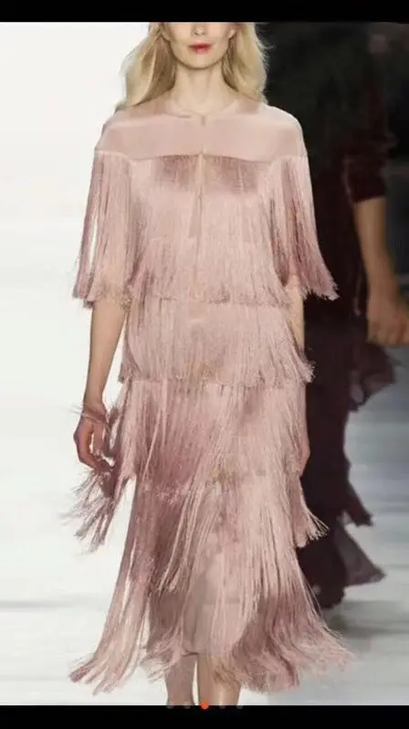 

Pink White Blue Color Ladies HL Bandage Dress Short Sleeve Tassel Mid-calf Dress Elegant Runway Fashion Dress