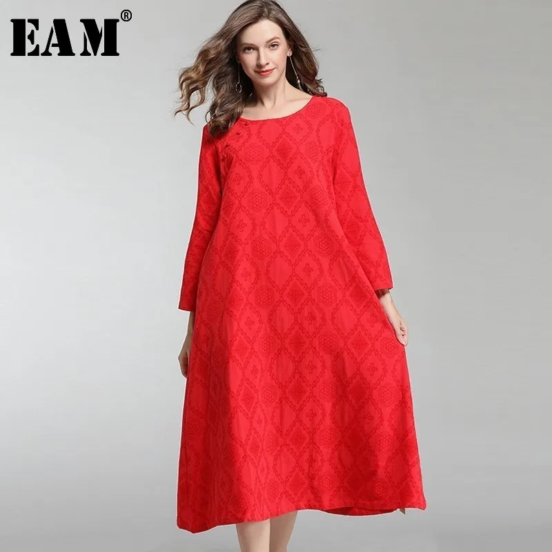 

[EAM] 2020 New Spring Autumn Round Neck Long Sleeve Black Pattern Split Joint Loose Big Size Long Dress Women Fashion JL601