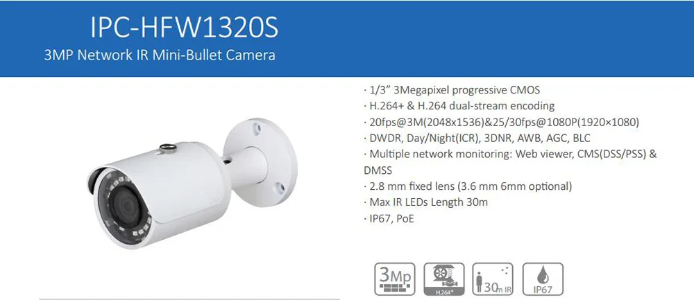 

Free Shipping DAHUA IP Camera CCTV 3MP FULL HD Small Fixed IR Bullet IP Camera IP67 with POE without Logo IPC-HFW1320S