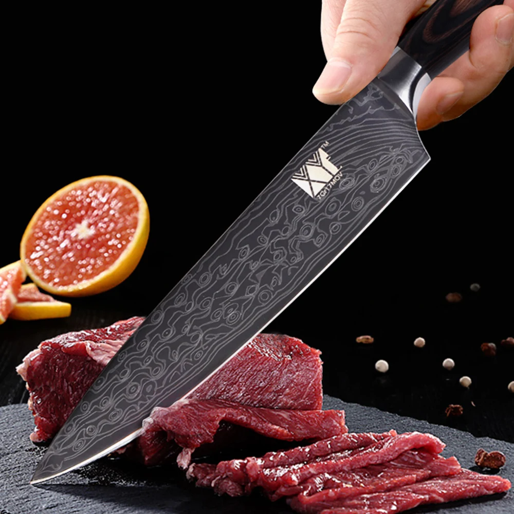 XYj Color Wood Handle Kitchen Knife Damascus Veins Stainless Steel Chef Slicing Santoku Utility Paring Cooking Kit Knife Tools
