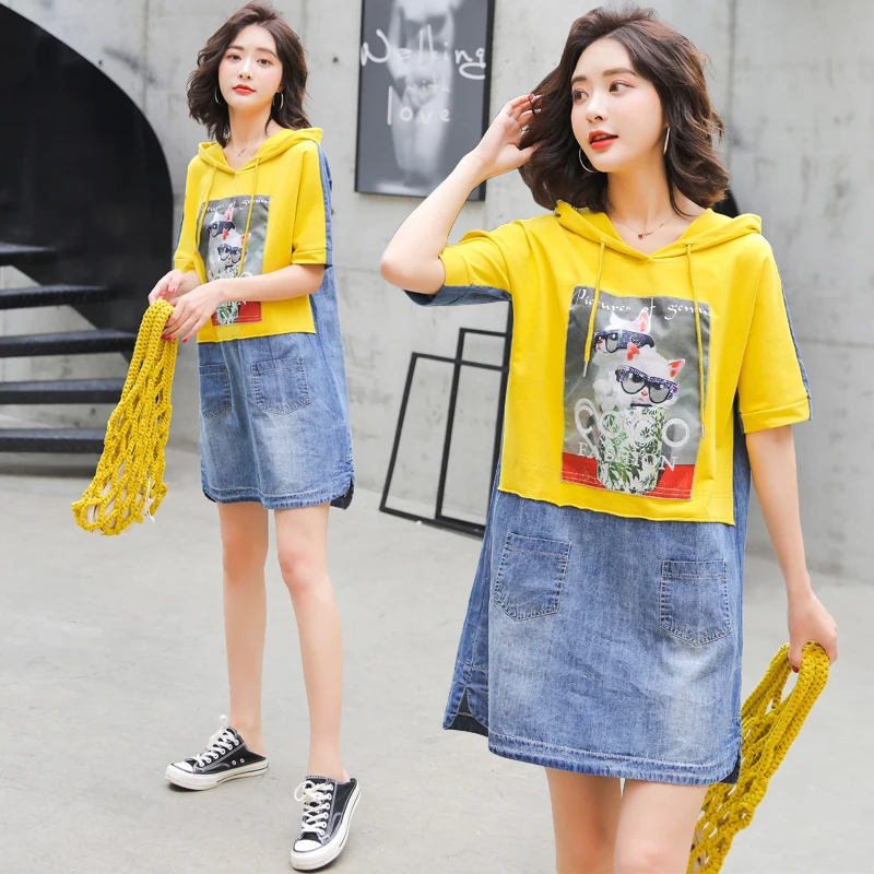 

New Summer Style Women Dresses Plus Size Fashion Casual Loose Hooded Patchwork Jeans Dress For Women Larger Denim One-Piece
