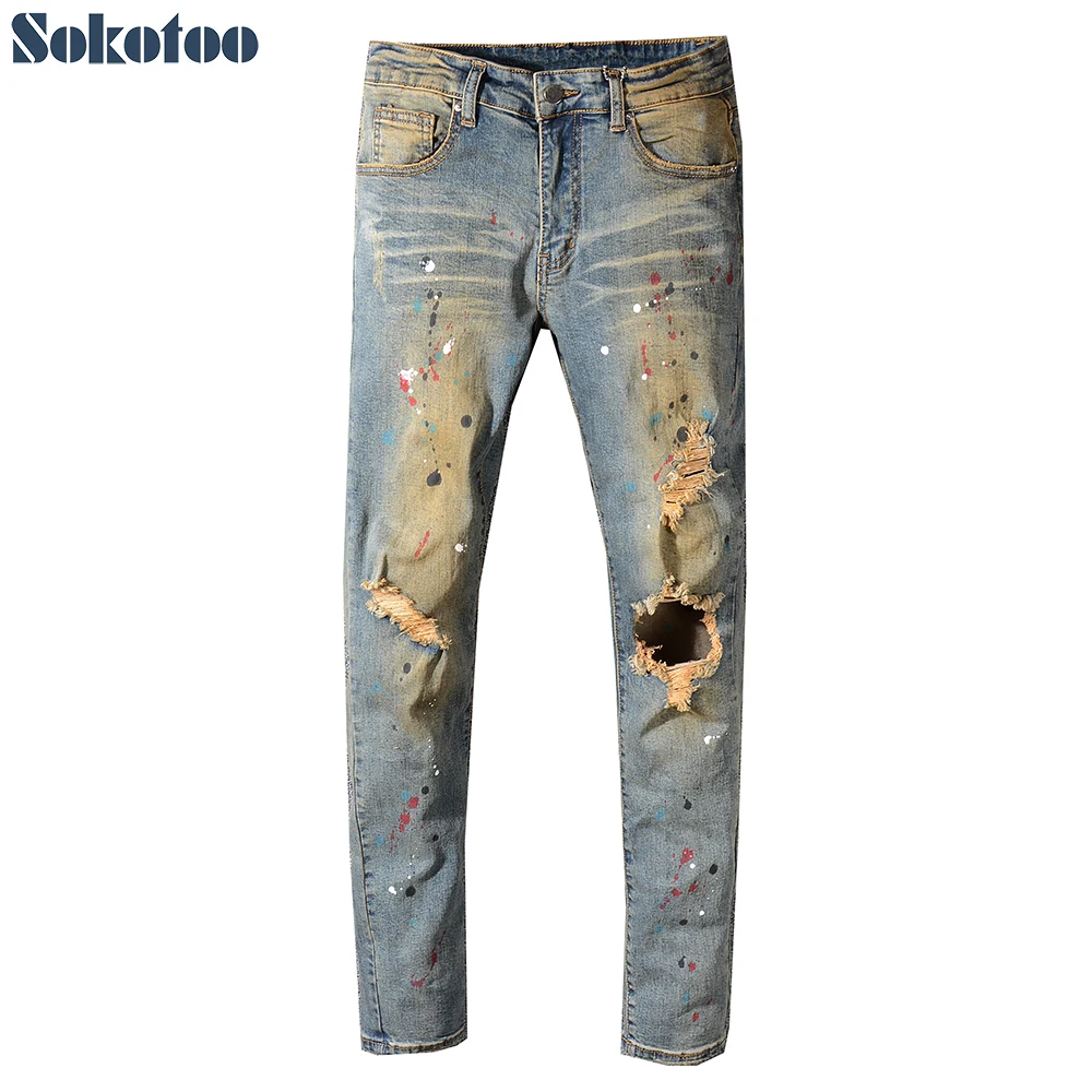 Sokotoo Men's painted holes ripped torn denim jeans Vintage blue distressed stretch denim pants High quality Sokotoo Men's painted holes ripped torn denim jeans Vintage blue distressed stretch denim pants High quality
