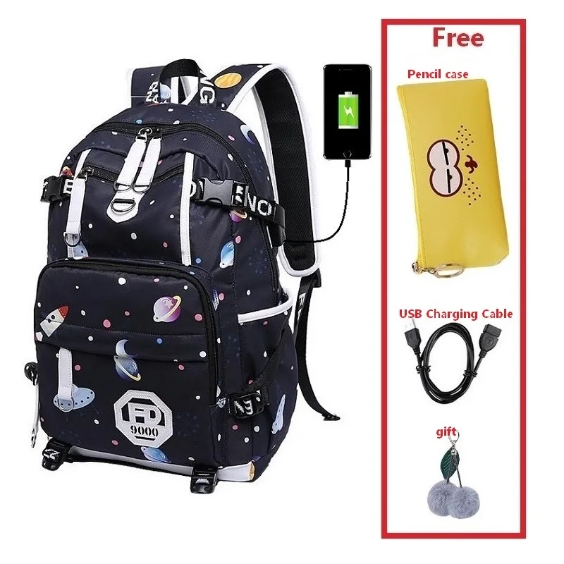 Рюкзак с USB зарядным устройством для женщин, школьная сумка для девочек, сумка через плечо, рюкзак с принтом, водонепроницаемый ранец, школьные сумки для девочек-подростков - Цвет: Set 22