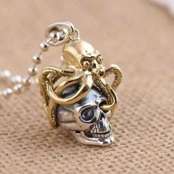 

925 Sterling Silver Octopus on Head Skull Skeleton Pendant Biker Men - no chain A2044