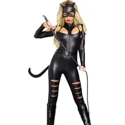 Леопардовый кот ролевые игры Хэллоуин или ночной клуб косплей костюм черный кожа искушение черные комбинезоны создание атмосферы