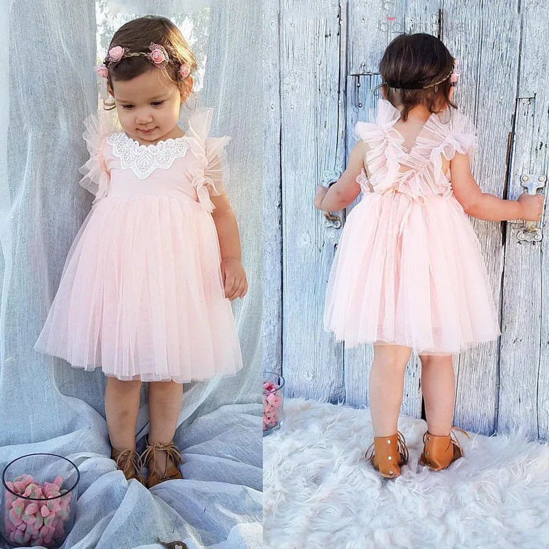 

Toddler Kids Girls clothes Backless round neck Sleeveless Lace Party Baby newborn cotton Tulle Princess Mini Dresses one pieces