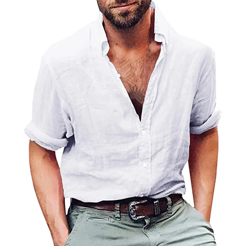 LNCDIS летняя новая модная повседневная мужская рубашка Хенли с длинным рукавом из хлопка и льна, пляжные свободные топы со стоячим верхом, блузка, N4
