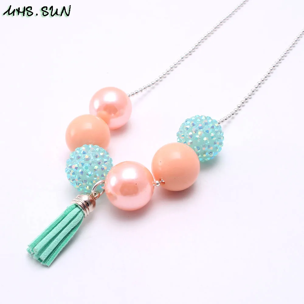 BN594-1 (1).1PC Baby Girls Handmade Chunky Bubblegum Necklace Fashion Tassel Design Pendant Children Beaded Necklace Party Jewelryjpg