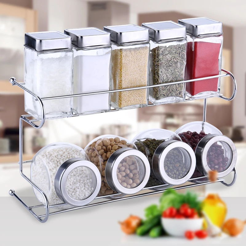 

Kitchen Spice Bottle Set Glass Seasoning Jars Shelf Spice Rack Set