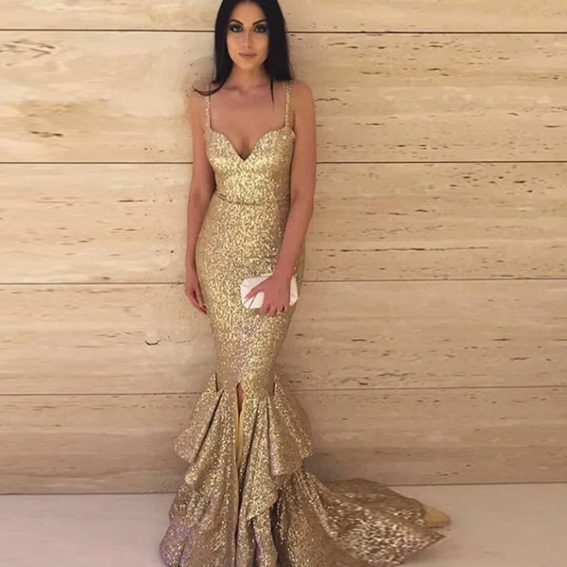 

Sparkly Gold Sequin Mermaid Bridesmaid Dresses 2019 Front Split Sweetheart Spaghetti Strap Long Formal Dress Custom Made Gowns