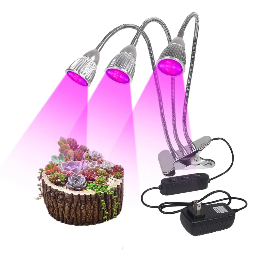 Светодиодный светильник для выращивания 15 Вт, настольная лампа с тремя головками и клипсой, с гибкой головкой на 360 градусов и 3 раздельными переключателями управления для растений