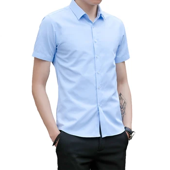 

MOGU 2019 Summer New Men Casual Short Sleeved Solid Shirt Slim Fit Male Social Business Dress Shirts Men Tops Soft Comfortable