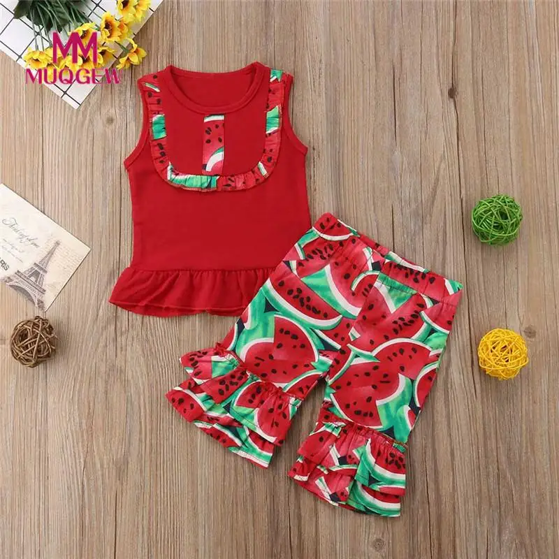

girls sets clothing 2PCs Sleeveless Watermelon Print Top O-Neck Clothes+Flare Pant Set Outfit Bow menina de roupas infantis