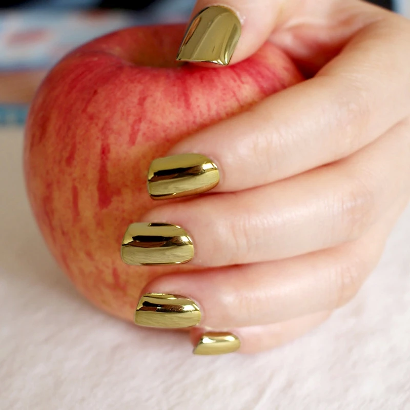 Металлические зеркальные накладные ногти золотого цвета, модные Искусственные женские ногти, короткие, полный размер, накладные ногти N05