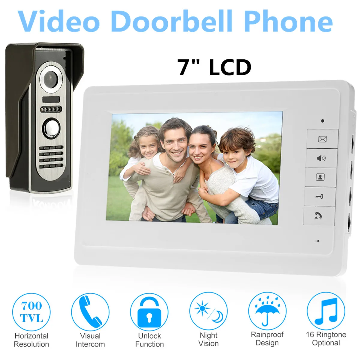

7 Color TFT LCD 4-Line Wired Video Door Phone System Visual Intercom Doorbell White & Black Electri Lock-control Adjustable