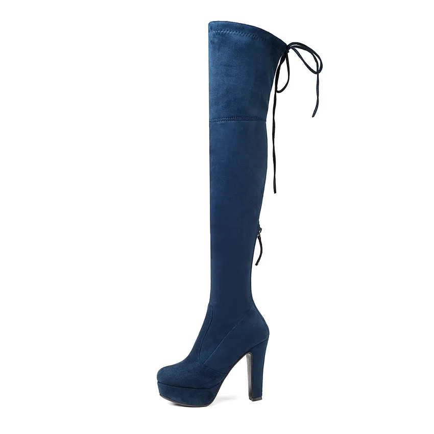 QUTAA/ г. Женская зимняя обувь ботфорты на платформе теплые женские сапоги на высоком каблуке, на шнуровке, на платформе Size34-43 - Цвет: Синий