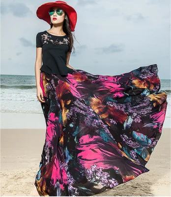

Custom Made summer style chiffon skirts womens plus size high waist chiffon Butterfly print maxi skirts