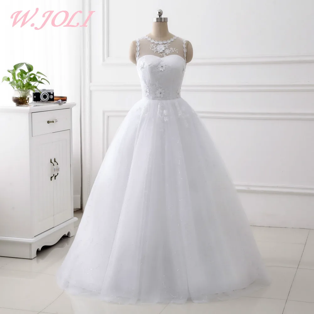 

W.JOLI Wedding Dresses Long Sleeveless Vintage Lace Up Luxury Crystal Flowers Appliques Ball Wedding Gown