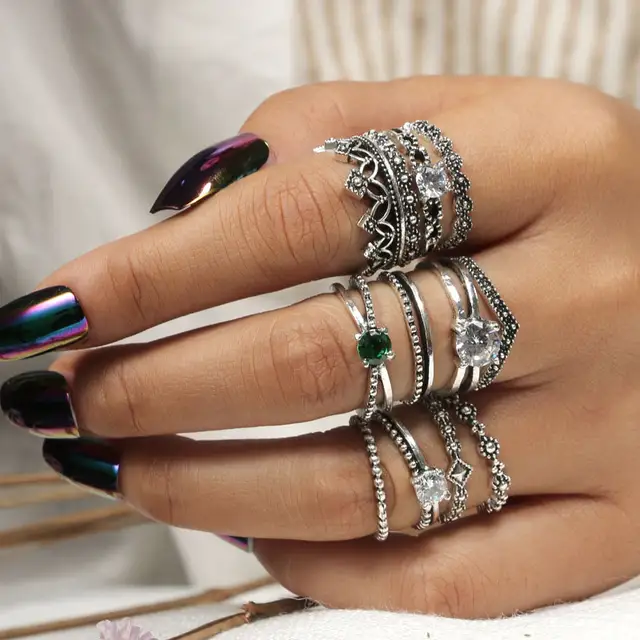 Vintage Crown Color Stones Bohemia Bijuterii 12 Pic Sit Tiny Rings Bague Lots Sortijas Ajustables Ring Beach Summer Woman Rings Aliexpress