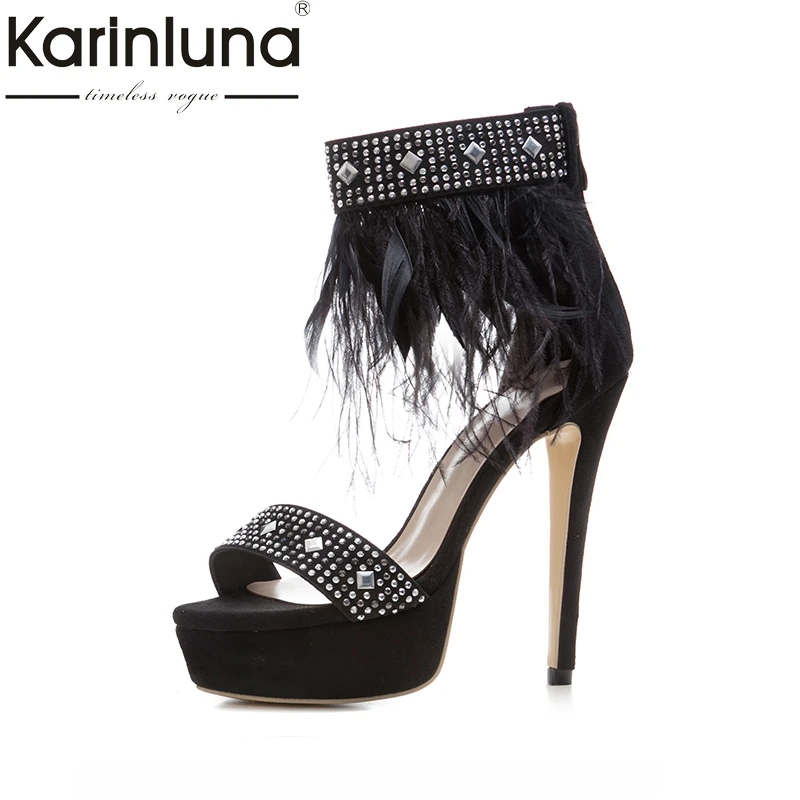 

Karinluna 2018 Large Size 33-43 Brand Design Fur Summer Women Shoes Sandals Sexy Platform Thin High Heels Party Shoes Woman