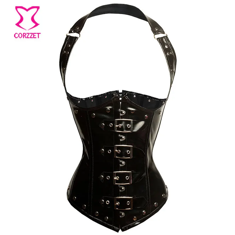 

Steel Boned Corsets and Bustiers Gothic Corset Sexy Underbust Steampunk Clothing Women Black Glossy PVC Leather Halter Top Korse