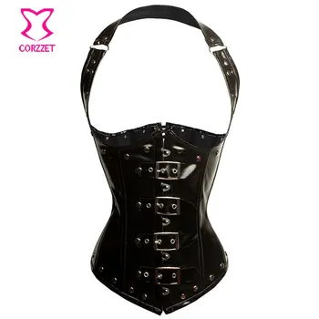 

Steel Boned Corsets and Bustiers Gothic Corset Sexy Underbust Steampunk Clothing Women Black Glossy PVC Leather Halter Top Korse