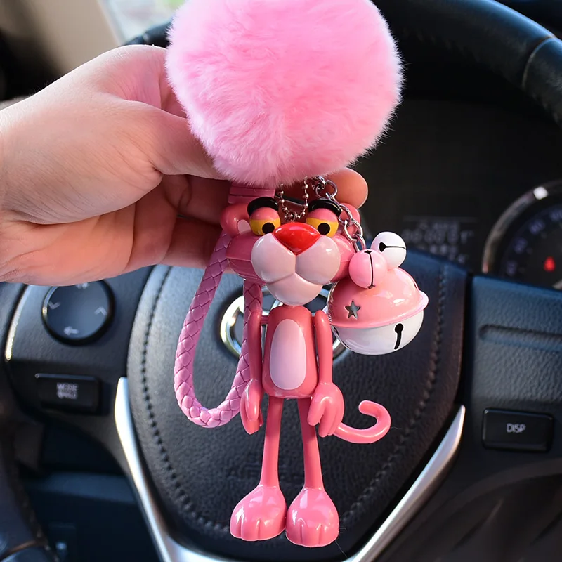 Милый аниме мультфильм розовый леопард колокольчик брелок для ключей мех кролика мяч помпон пушистый брелок для женщин держатель Шарм сумка кошелек ключи цепи