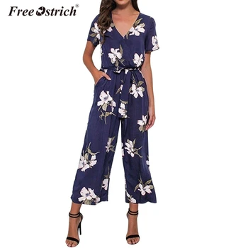 

Free Ostrich Jumpsuit Womens 2019 Sexy Rompers V Neck Sleeveless Beach Boho Overall Summer Backless Pocket Print Bodysuit N30