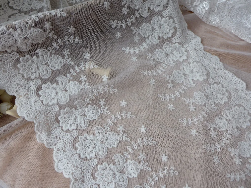 3 Yards 13.8&quot Wide Ivory White Embroidery Floral Lace Trim Gorgeous Cotton Tulle Fabric For Sewing Craft Costume Design | Дом и сад