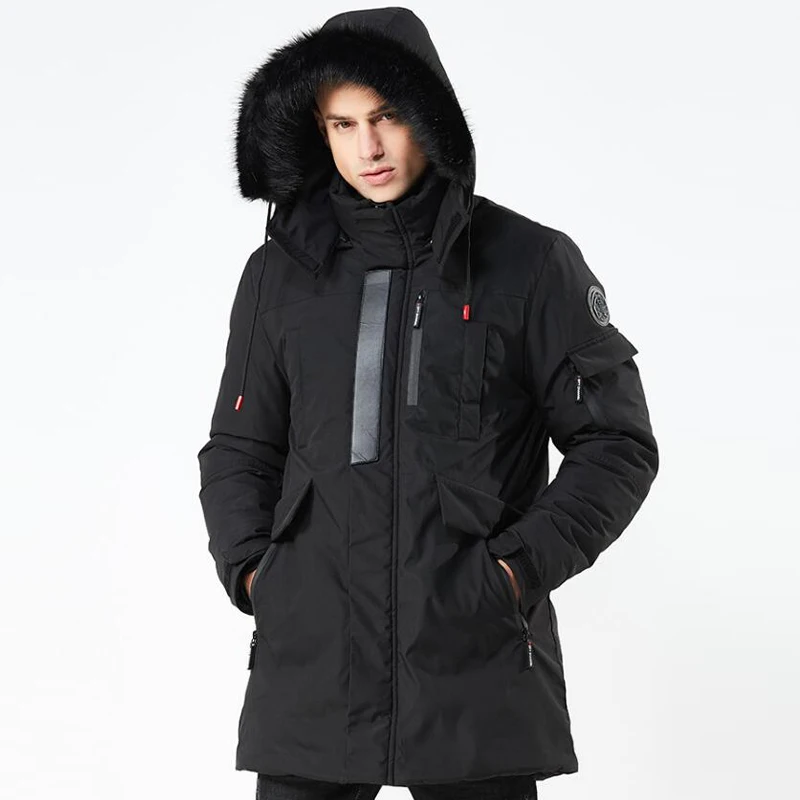 Зимняя мужская куртка с меховым капюшоном, толстое теплое длинное пальто, зимняя одежда для мужчин, военный Тренч, пальто, парка, Chaqueta Hombre Invierno - Цвет: Черный