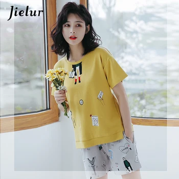 

Jielur 2020 Summer New Heart Print Female T-shirt Short Pants Cartoon Cute Pajama Sets Yellow Loose Cotton Pijama M-XXL