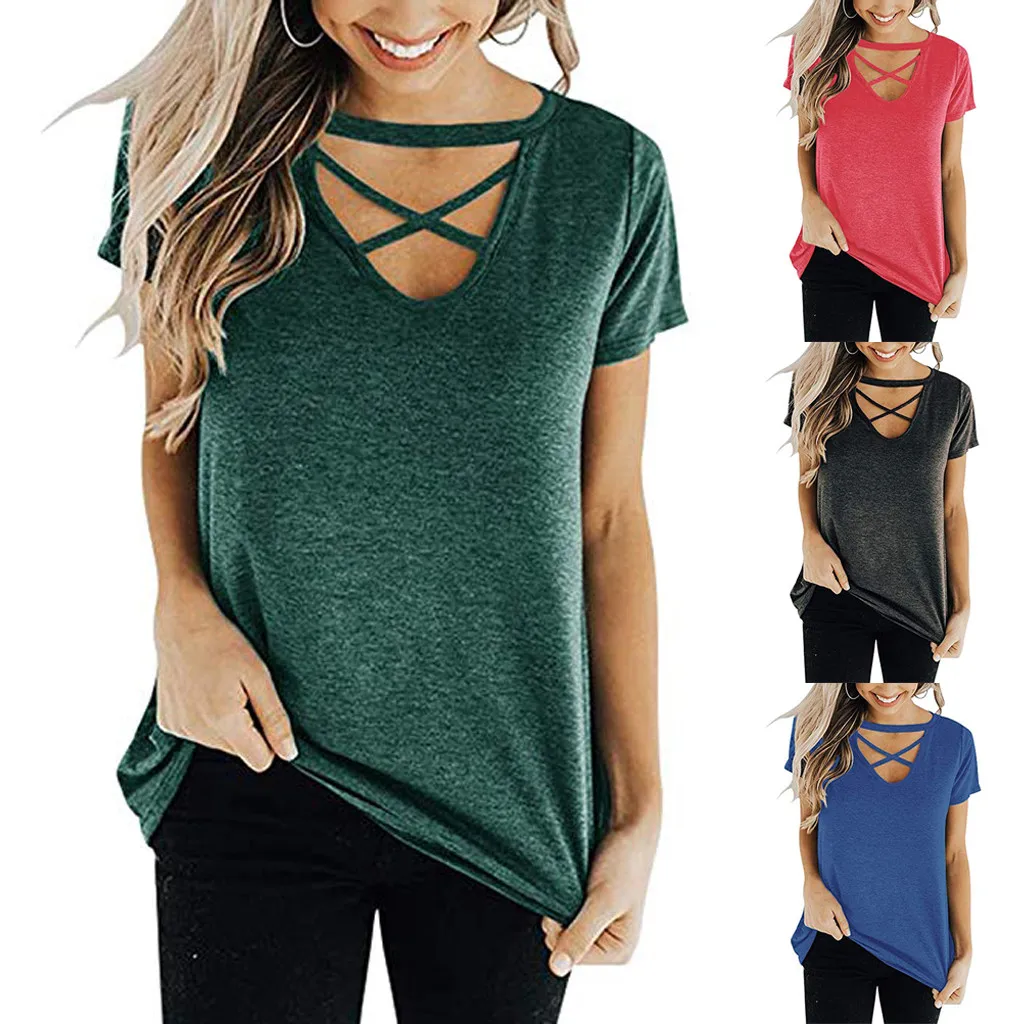 

Summer Solid Color Casual Ladies Fashion Short Sleeve T-shirt Women Knot Shirts O Neck Front Cross Tunic Loose Tops #C